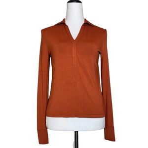 Anatomie Lark Ultra Soft Collared Long Sleeve Top XS Orange Rust Polo V-Neck